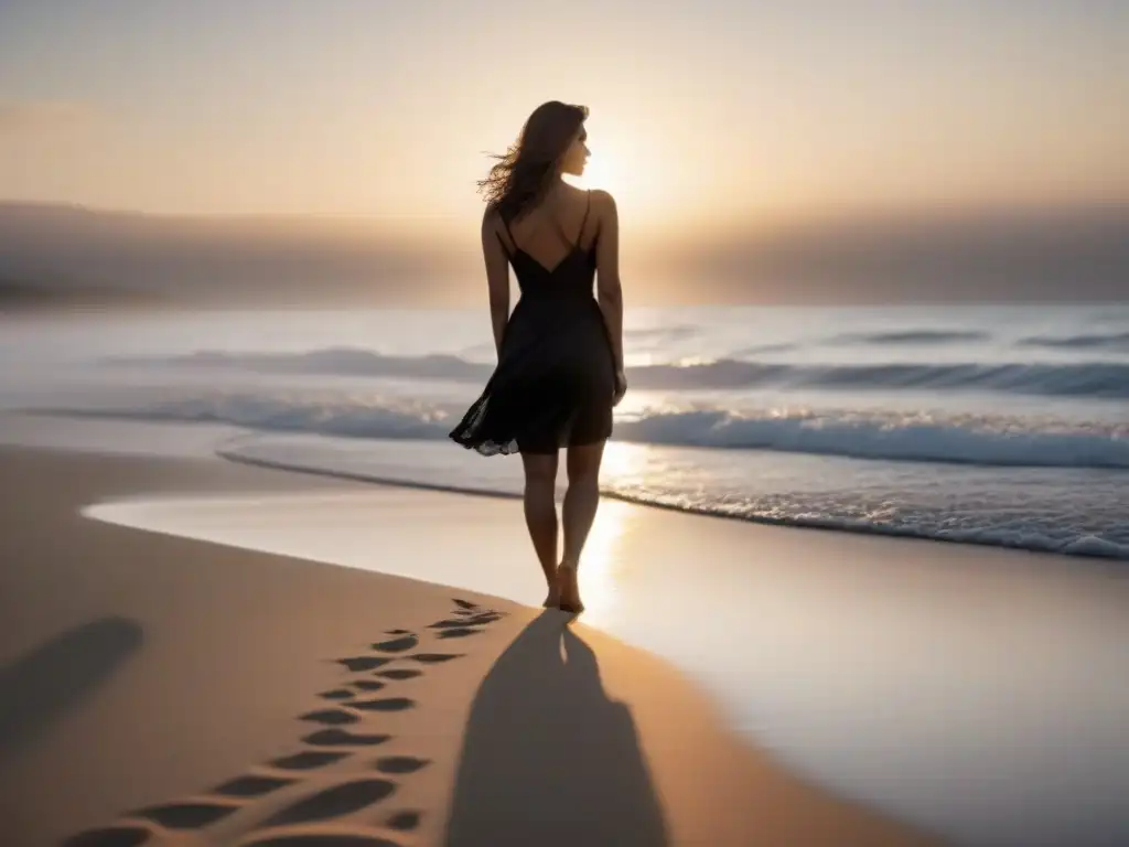 Una ilustración detallada en blanco y negro de una mujer solitaria en una playa desierta al atardecer, evocando a Alfonsina Storni