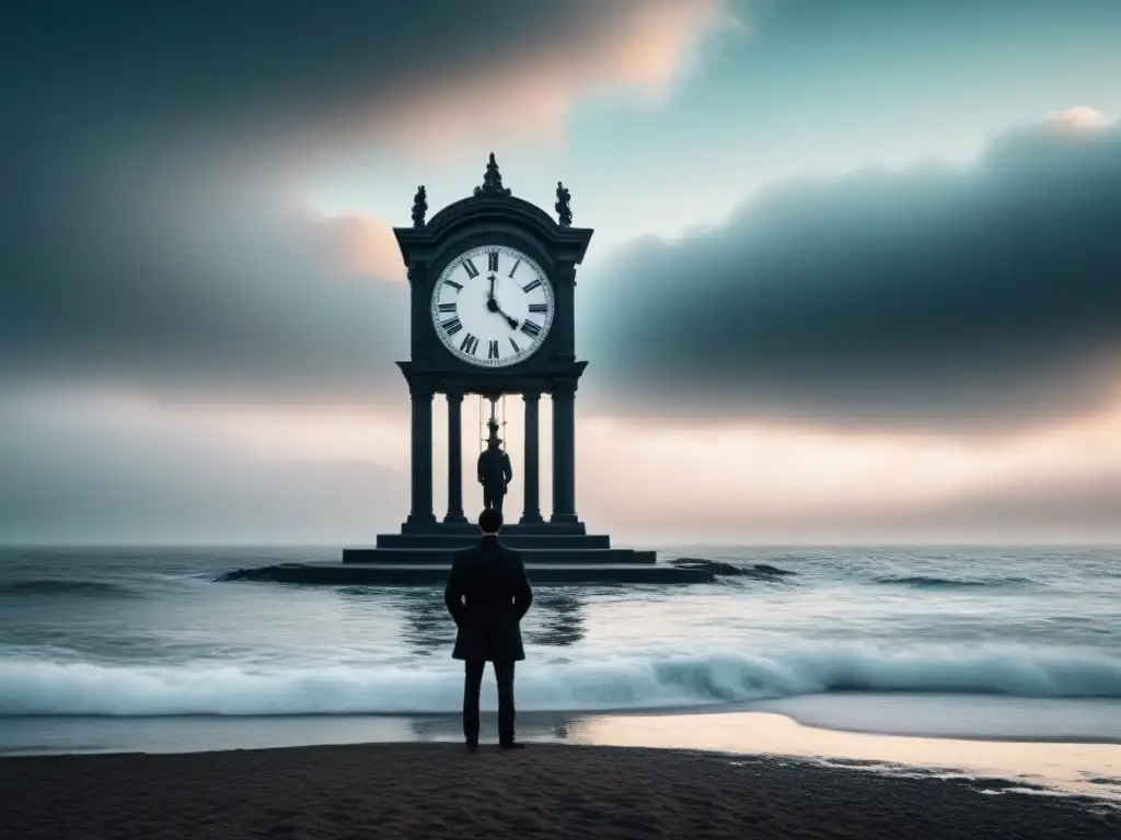 Una ilustración detallada en blanco y negro de un paisaje onírico, con un reloj fundiéndose en el mar surrealista y la silueta de Arthur Rimbaud