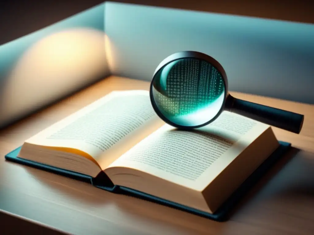 Exploración poética: magnífica búsqueda de símbolos ocultos en un libro Una ilustración detallada en blanco y negro de una lupa sobre un libro con patrones e símbolos ocultos, explorando la narrativa oculta en poesía