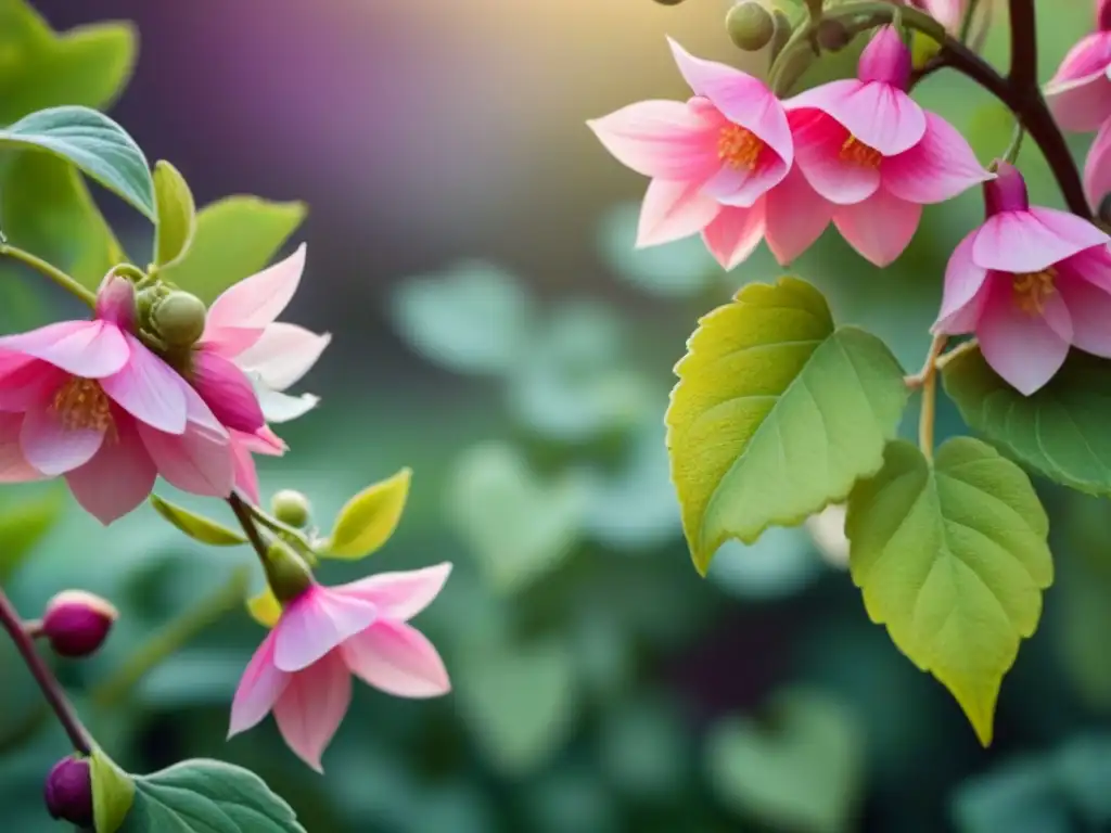 Una ilustración detallada de una enredadera de flores y hojas, en tonos vibrantes de rosa, púrpura y verde, sobre un fondo etéreo de acuarela