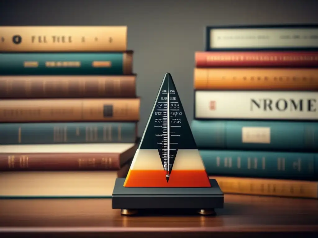 Metrónomo moderno junto a libros de poesía vintage Una ilustración detallada de un metrónomo moderno frente a libros antiguos, transmitiendo ritmo y rima en poesía