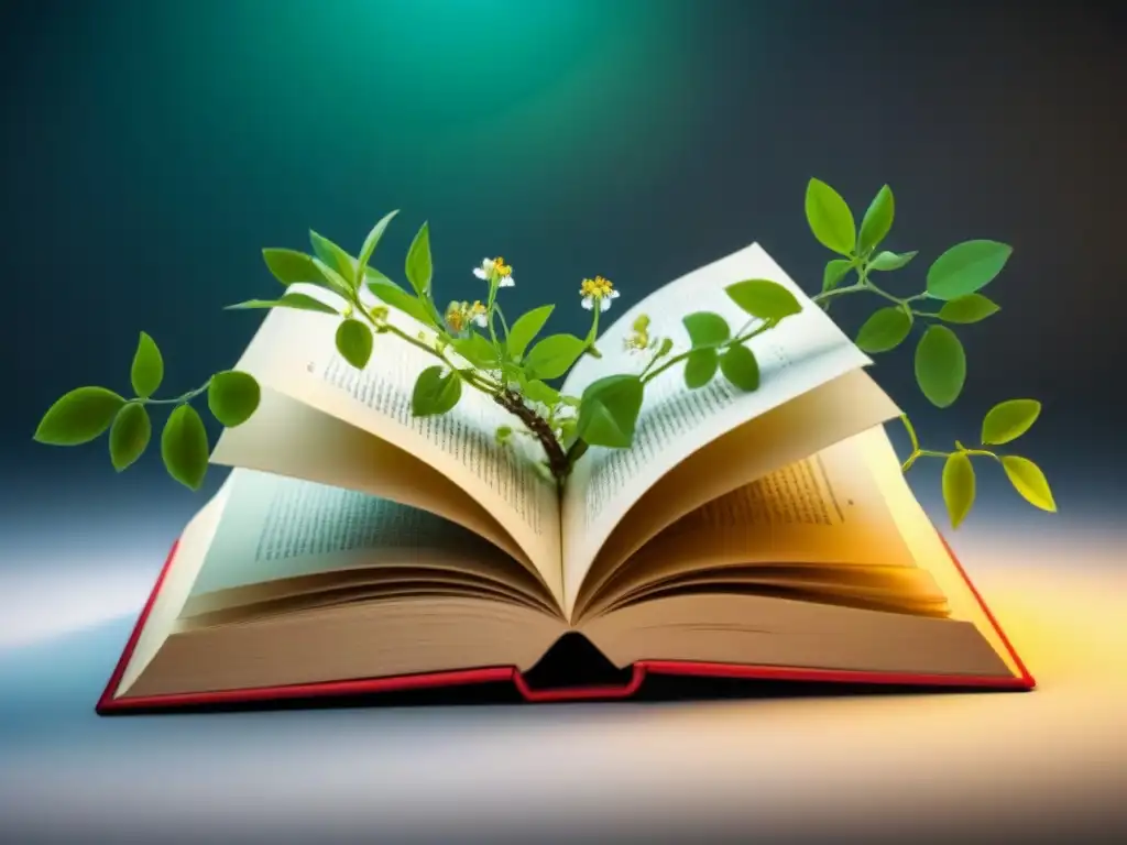 Libro abierto: narrativa y poesía entrelazadas Una ilustración minimalista en blanco y negro de un libro abierto con enredaderas y flores, simbolizando la fusión entre narrativa y poesía lírica