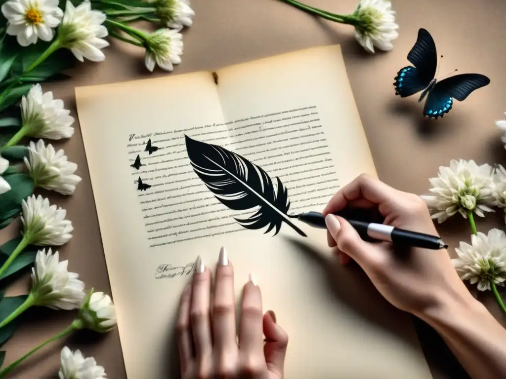 Una ilustración minimalista en blanco y negro de una pluma delicada escribiendo poesía en un pergamino en medio de flores y mariposas, representa los beneficios de la poesía transformadora