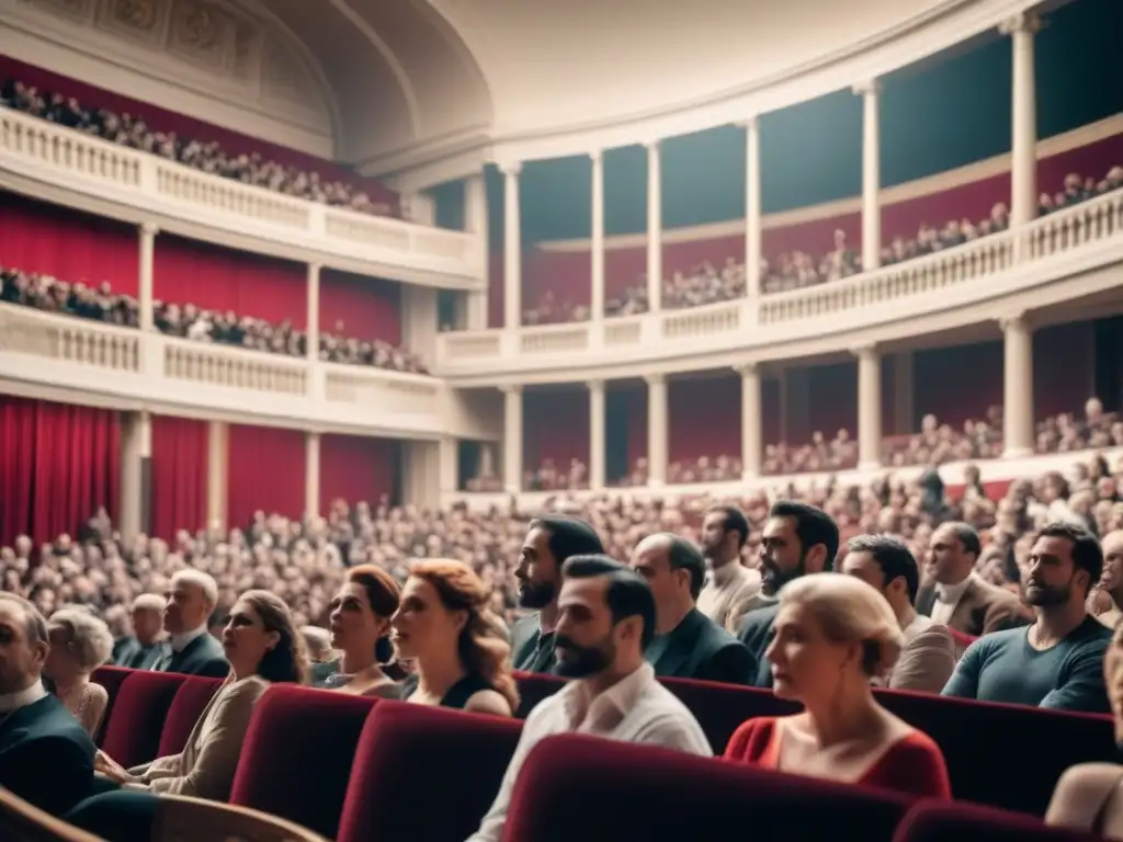 Una ilustración minimalista en blanco y negro de un teatro lleno de personas elegantes viendo una obra con arquitectura neoclásica