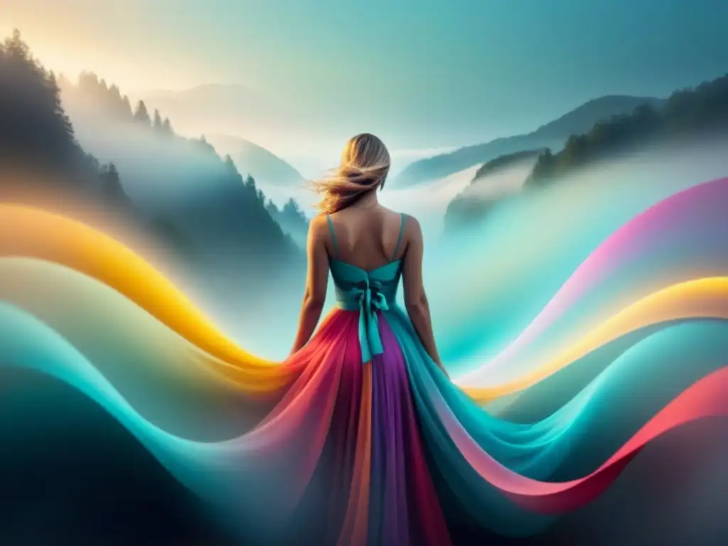 Una ilustración minimalista exquisita que fusiona vibrantes colores, representando la sinestesia en la poesía lírica
