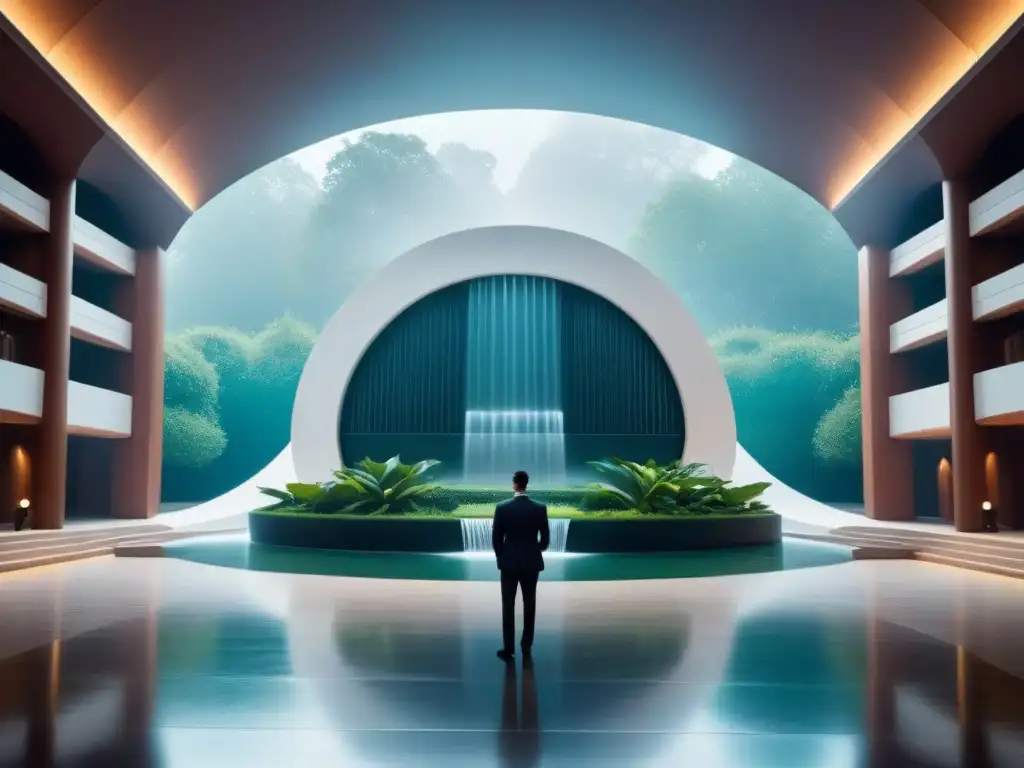 Una ilustración minimalista de una gran ópera futurista rodeada de exuberante vegetación y agua serena