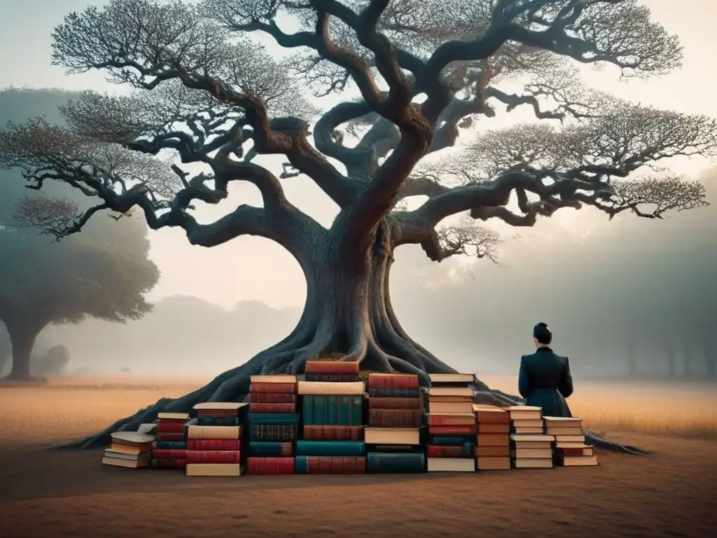 Una fusión poesía-filosofía en la imagen: un árbol estilizado se funde con libros antiguos, creando una conexión armoniosa entre dos mundos