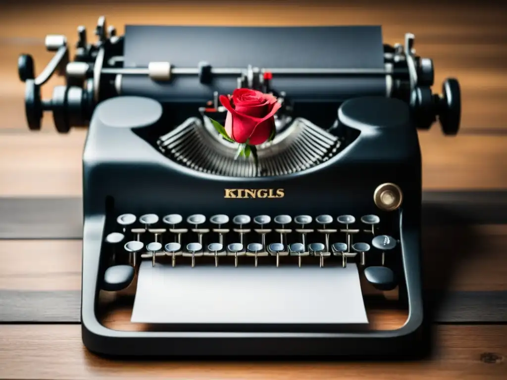 Una imagen en blanco y negro de una antigua máquina de escribir con una hoja en blanco, una rosa roja y teclas detalladas