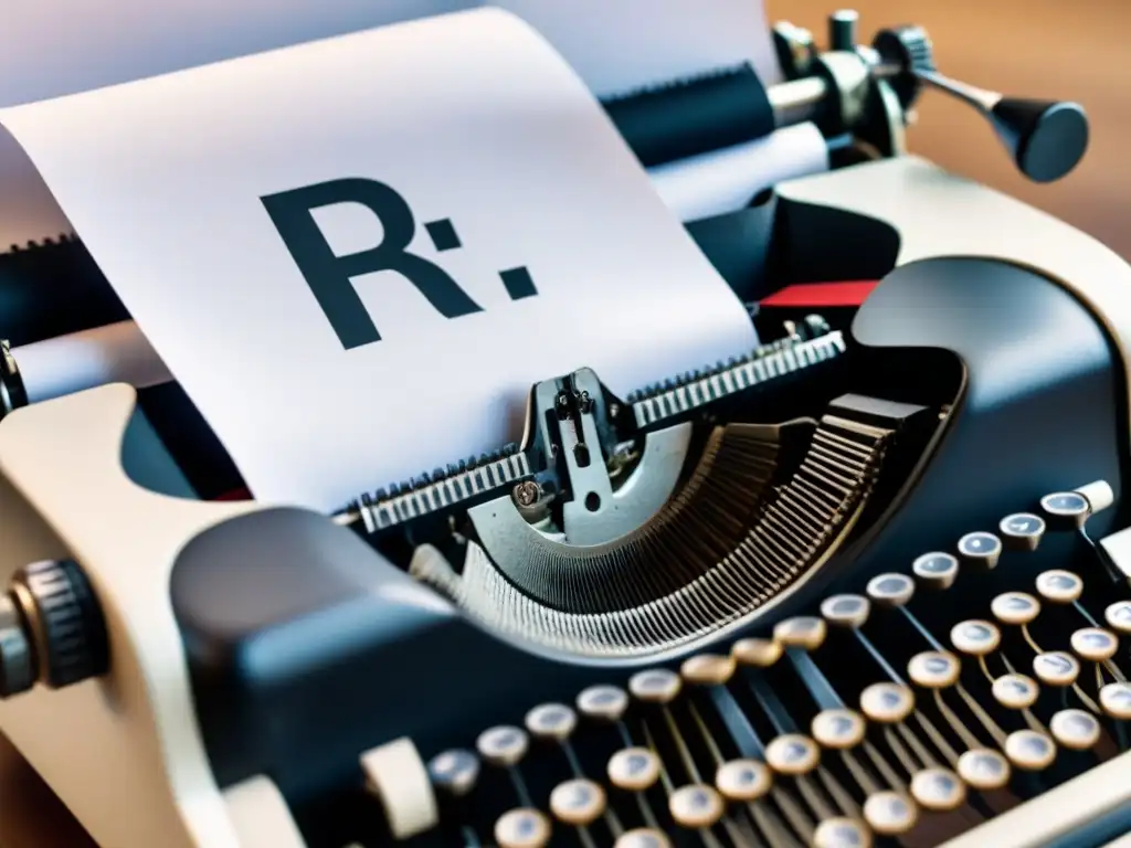 Una imagen en blanco y negro de una antigua máquina de escribir con papel cargado, resaltando la letra 'R'