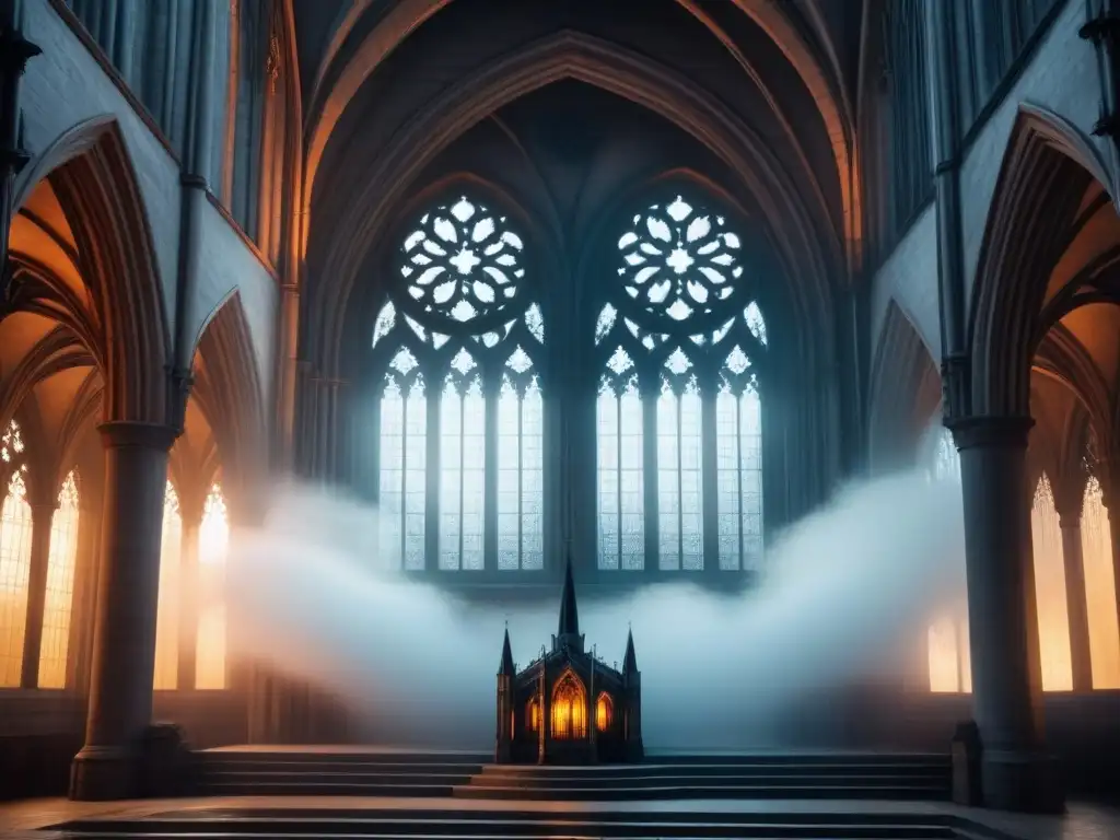 Imagen en blanco y negro de una catedral gótica envuelta en niebla, evocando la poesía gótica en español