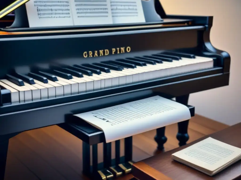 Una imagen en blanco y negro de un elegante piano de cola y una máquina de escribir vintage, simbolizando la poesía y música: simbiosis perfecta