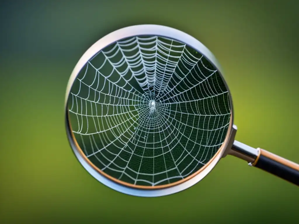 Metáforas en tela de araña: minimalismo en blanco y negro Una imagen en blanco y negro de una lupa sobre una intrincada telaraña, con símbolos ocultos y poesía entrelazados