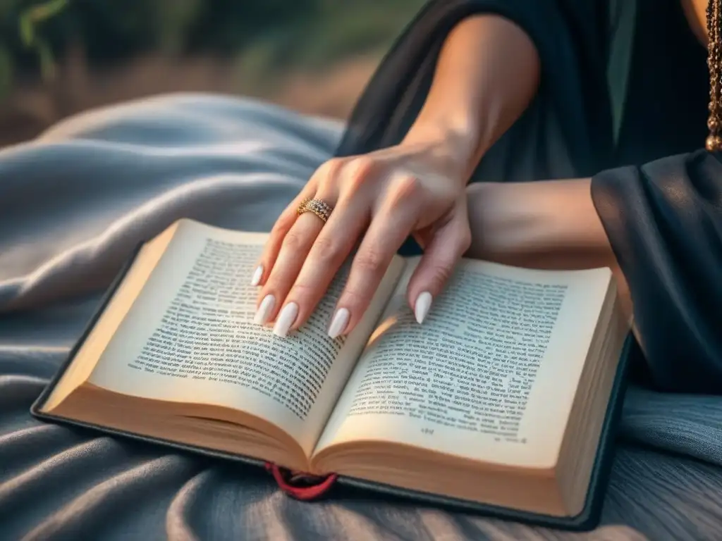 Una imagen en blanco y negro muestra unas manos femeninas pasando las páginas de un libro antiguo, transmitiendo reverencia y descubrimiento