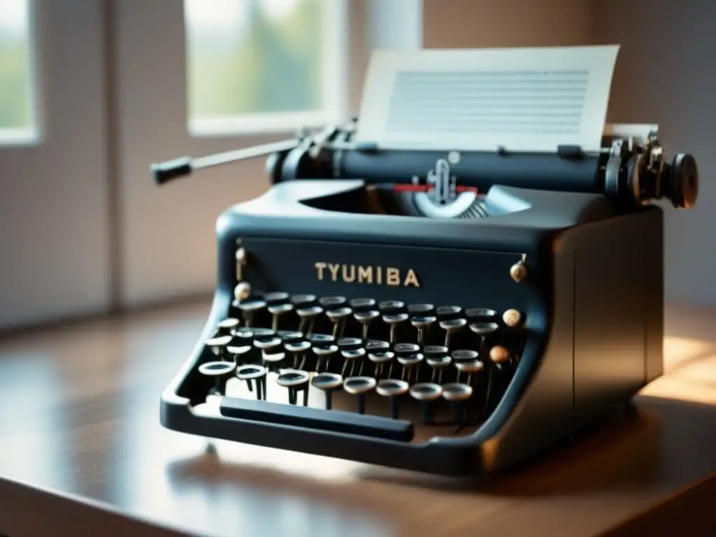 Una imagen en blanco y negro de una máquina de escribir vintage, iluminada por una ventana, evocando nostalgia y creatividad