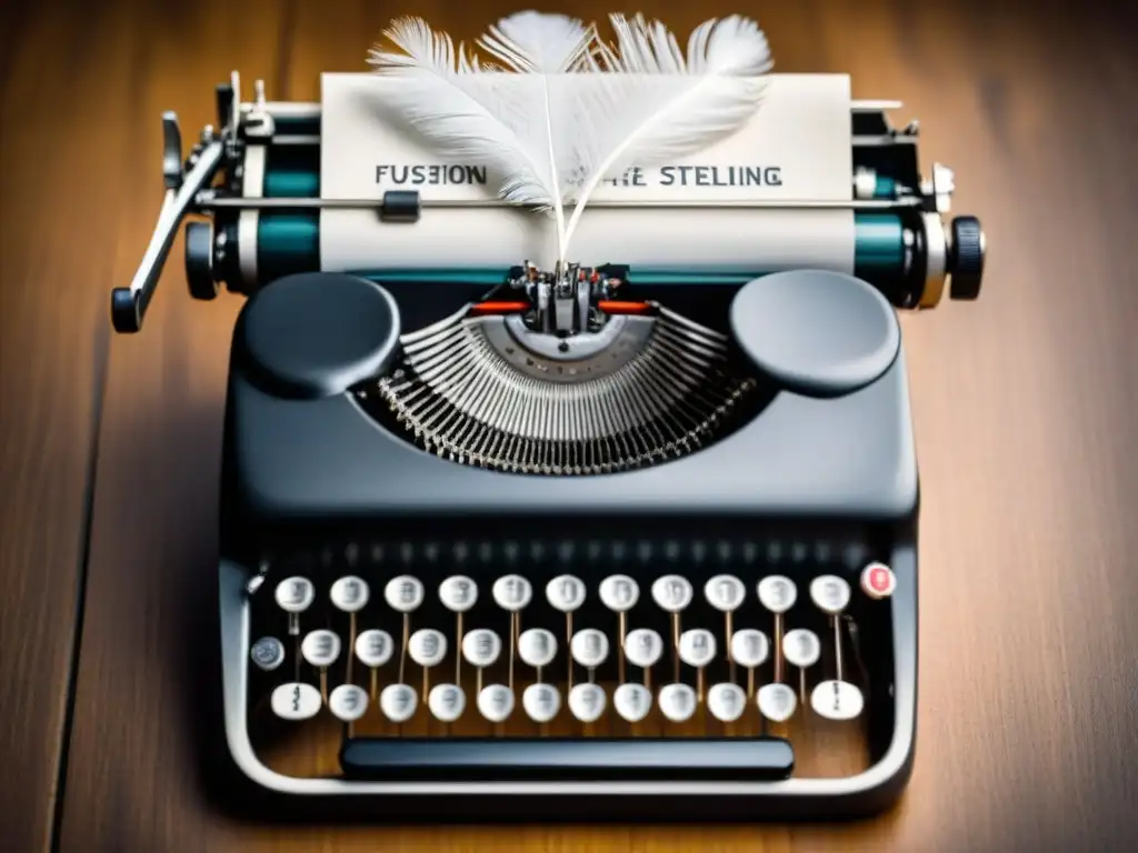 Poética fusión: máquina de escribir vintage con pluma blanca Una imagen en blanco y negro de una máquina de escribir vintage con una pluma blanca, simbolizando la narrativa oculta en poesía