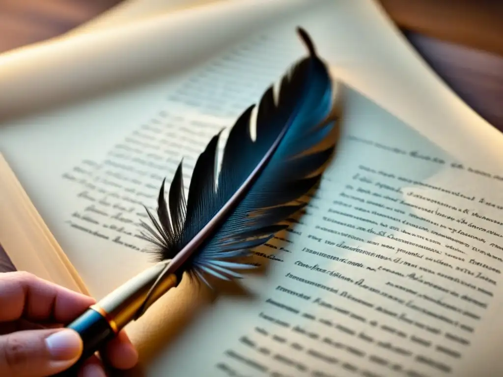 Pluma de poesía en papel blanco: detalle en blanco y negro Imagen en blanco y negro de una pluma sobre pergamino en blanco, evocando el Neoclasicismo en la poesía lírica