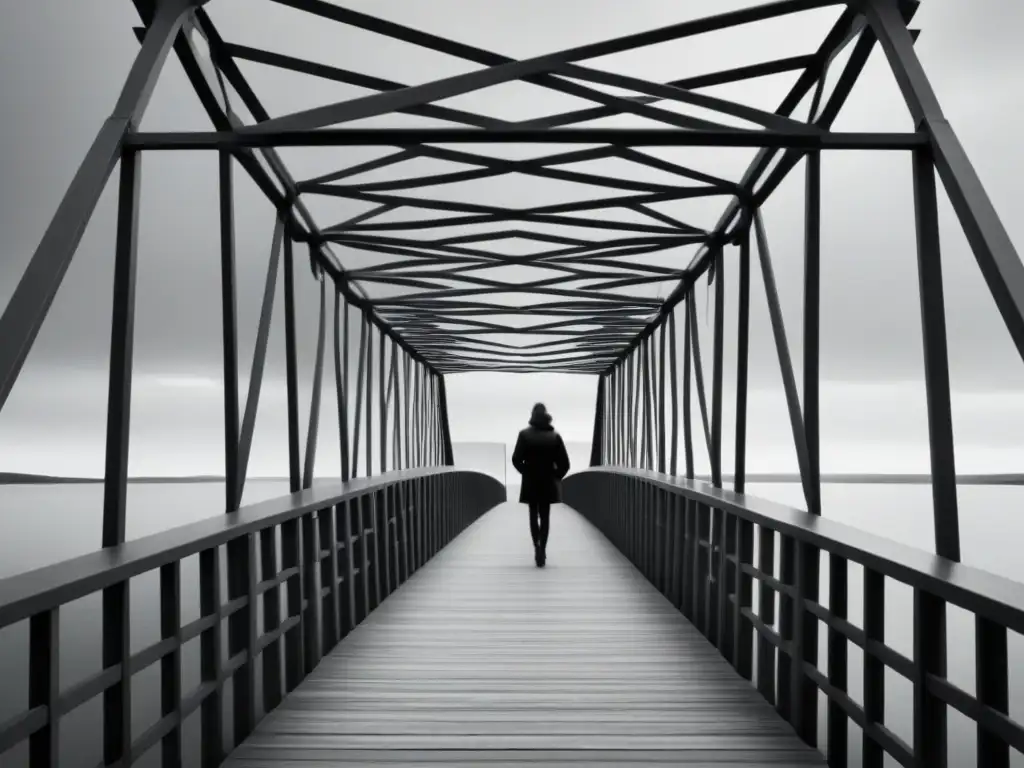 Imagen en blanco y negro de un puente con metáforas en poesía filosófica entrelazadas, simbolizando conexión e insight