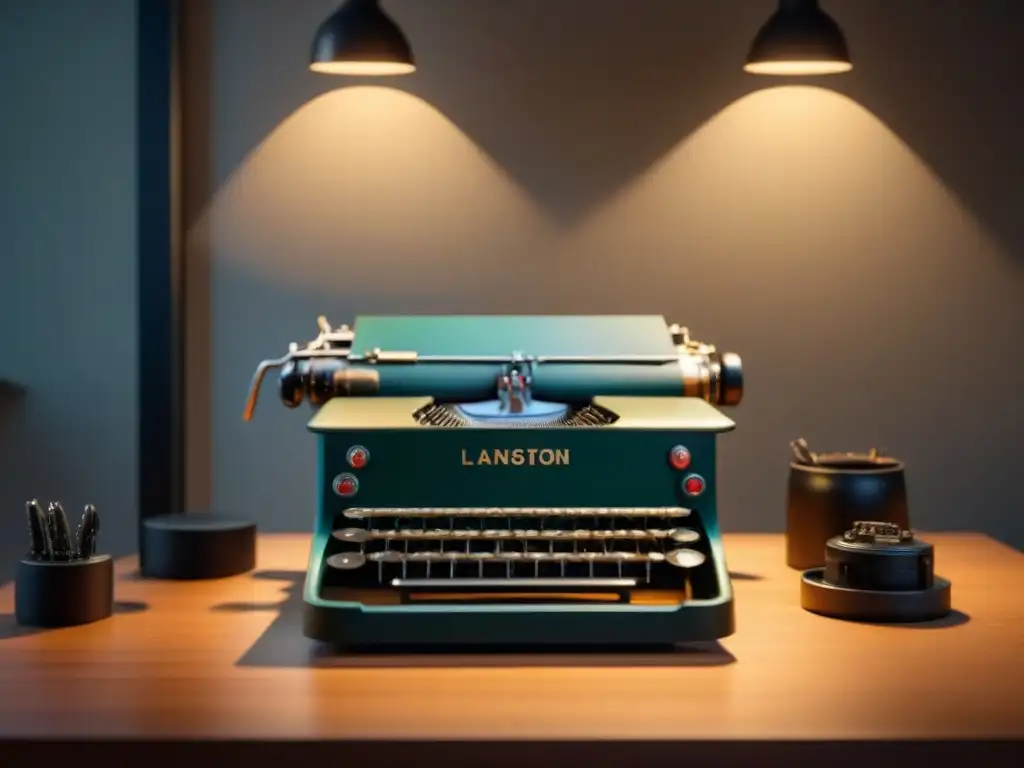 Una imagen detallada en 8K de la máquina de escribir de Langston Hughes, reflejando el realismo comprometido de su poesía