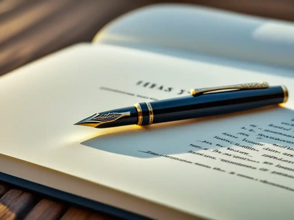 Una imagen elegante de una pluma fuente sobre un cuaderno blanco, iluminada suavemente