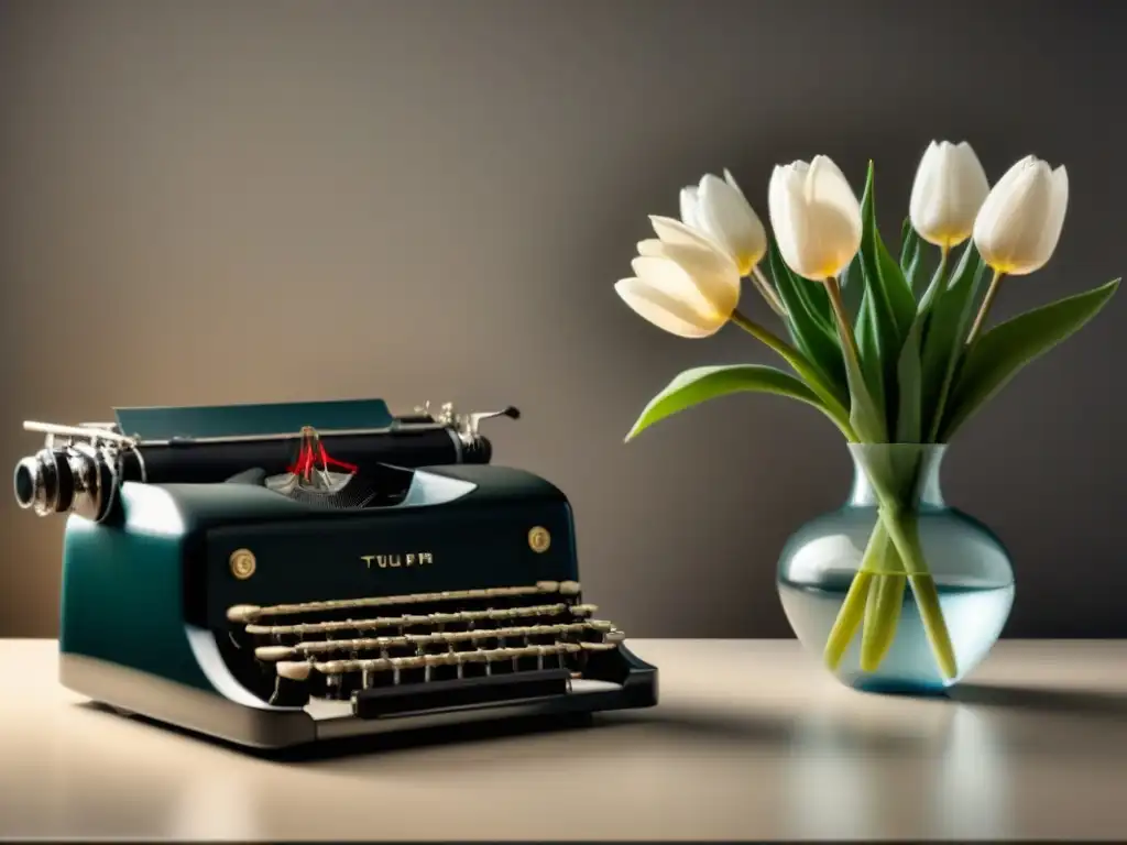 Una imagen evocadora de una antigua máquina de escribir en un escritorio moderno, con una tulipa blanca