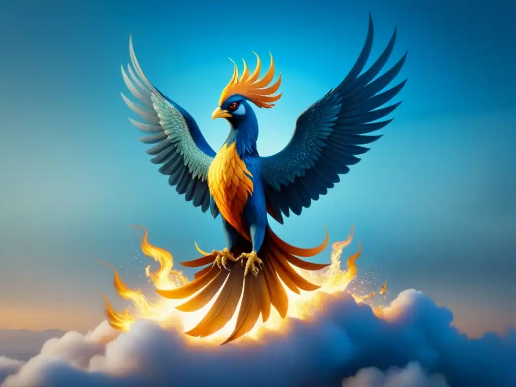 Renovación espiritual: Fénix en líneas azules y doradas Imagen de un fénix renaciendo de las cenizas, simbolizando sanación a través de la poesía en tonos azul y dorado