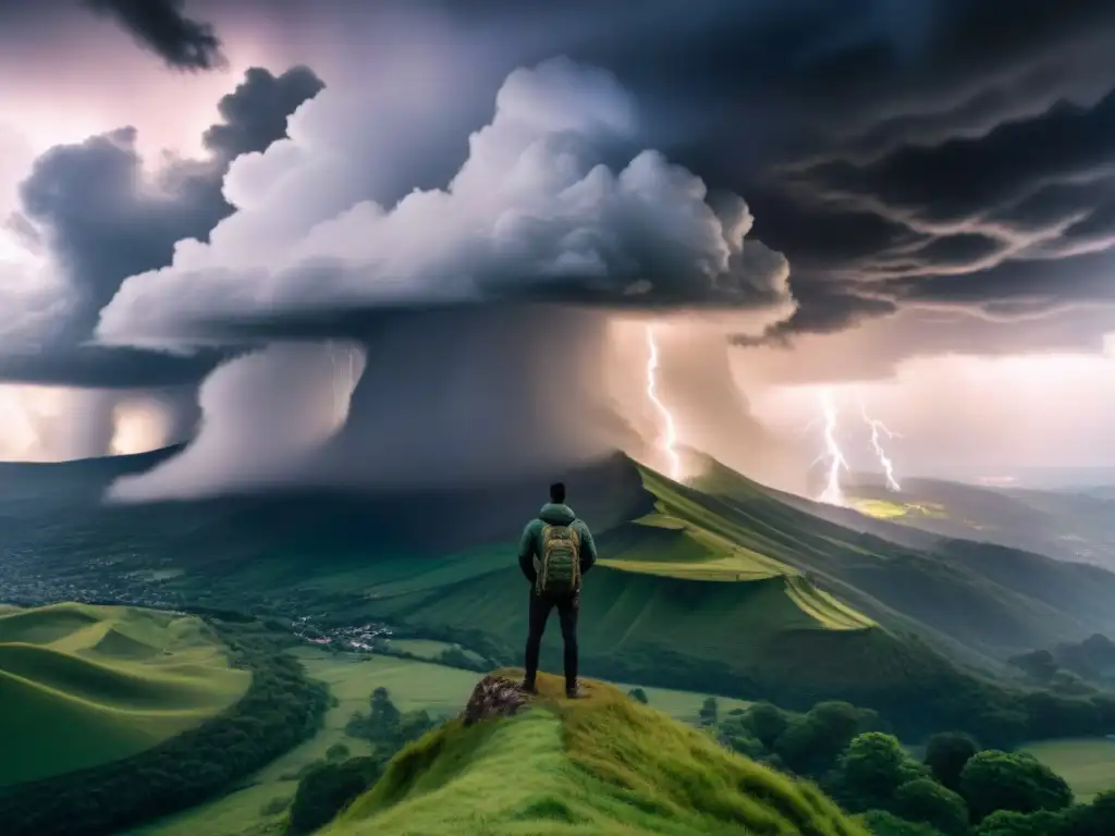 Imagen impactante de poeta en cima de montaña, rodeado de nubes y relámpagos, simbolizando la poesía lírica transformadora de injusticia