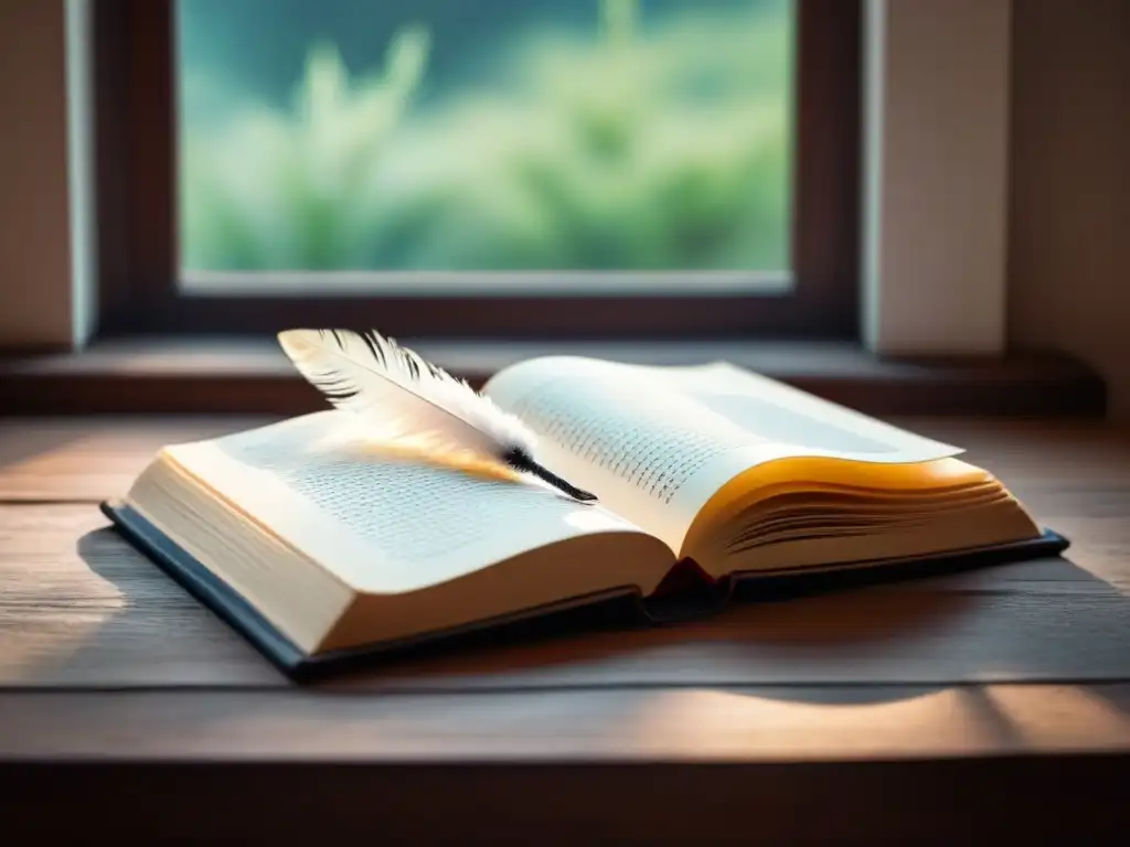 Una imagen minimalista en blanco y negro de un libro abierto y una pluma sobre una mesa de madera, iluminados por la luz de la ventana