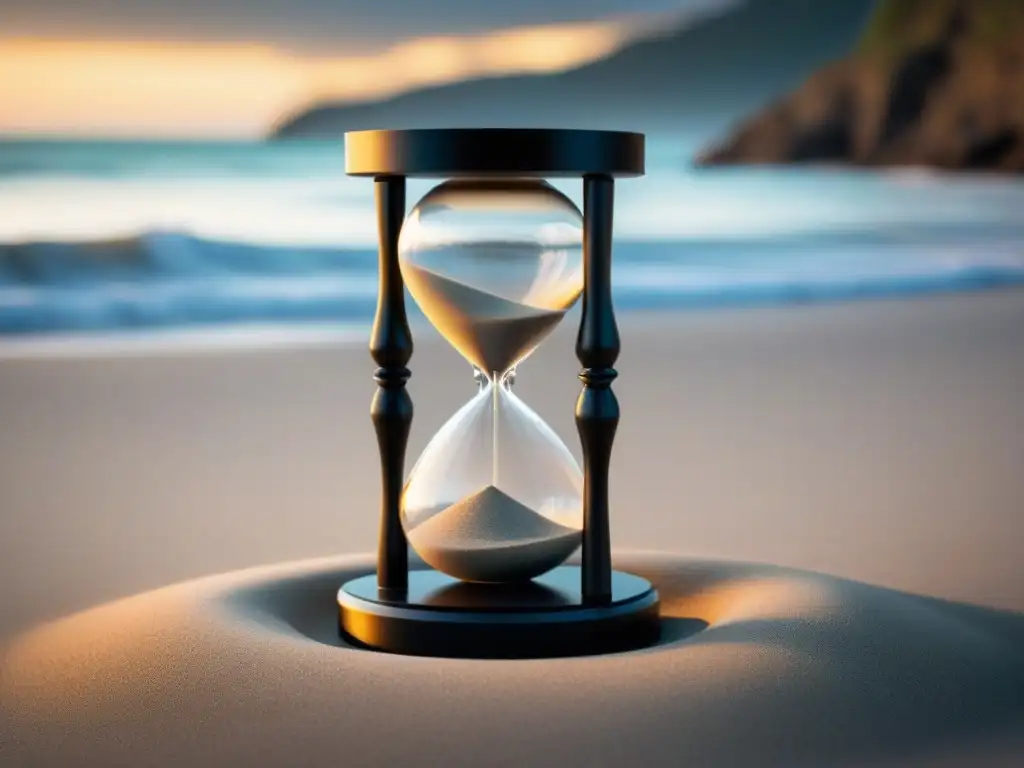 Imagen minimalista en blanco y negro de un reloj de arena sobre un pedestal de mármol, con un haz de luz suave iluminando la arena que cae lentamente