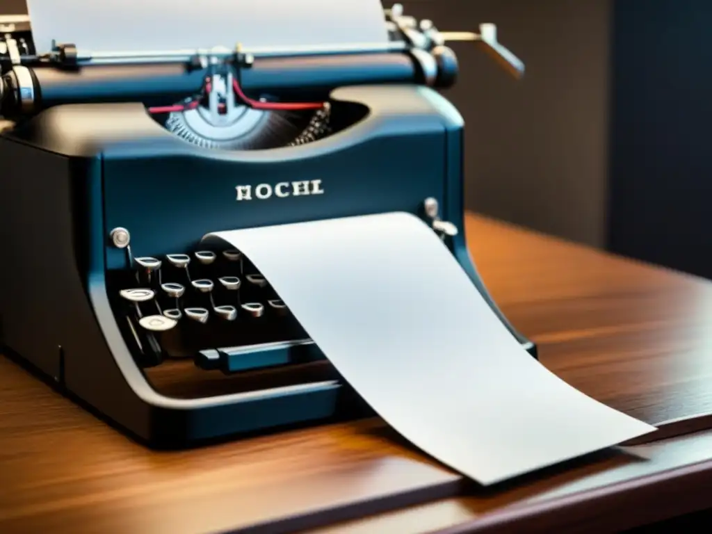 Una imagen minimalista en blanco y negro de una máquina de escribir con un papel en blanco, sobre un elegante escritorio de madera