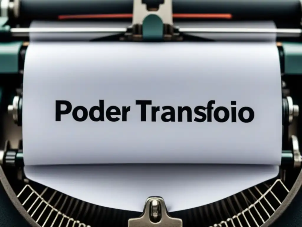 Imagen minimalista en blanco y negro de una máquina de escribir con el mensaje 'Poder transformador de la poesía'