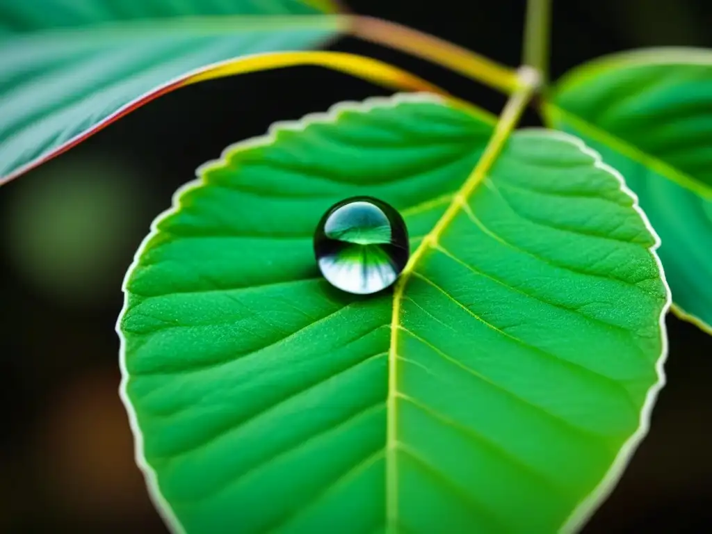 Imagen minimalista en blanco y negro de una única y delicada gota de agua en el borde de una hoja, evocando micropoemas de poesía lírica