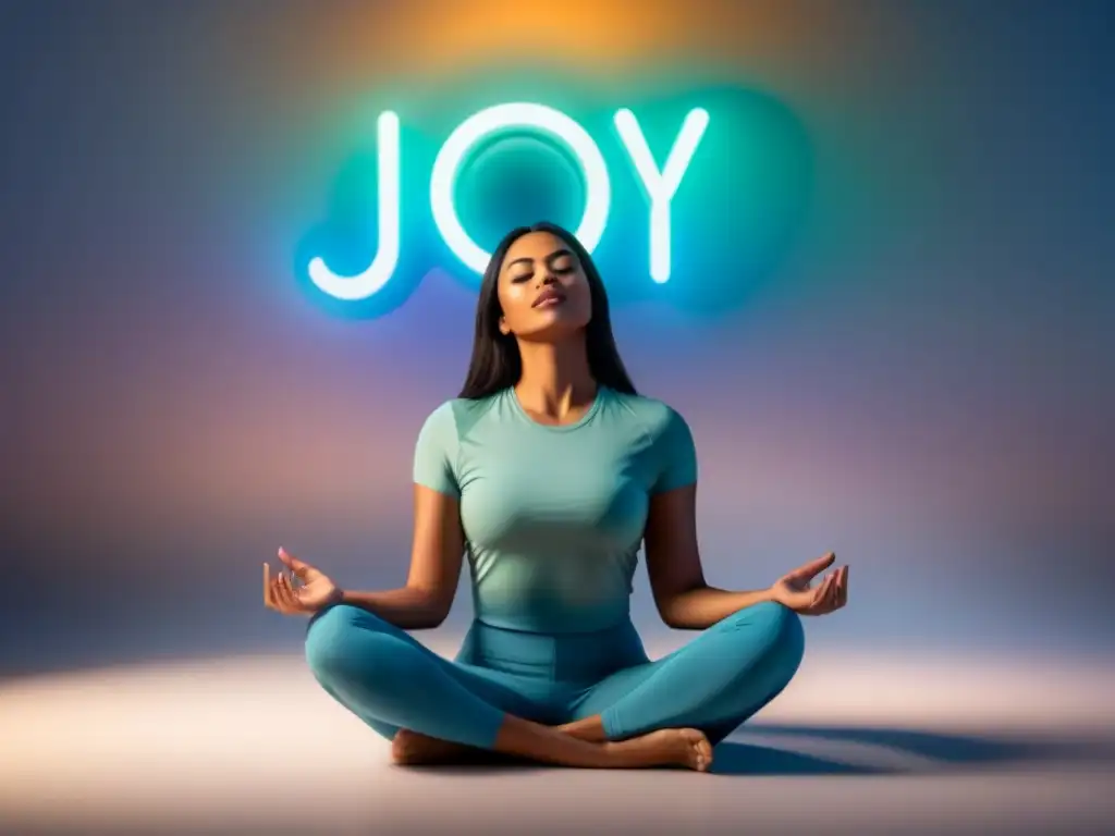 Meditación emocional: serenidad entre emociones Una imagen minimalista y serena de una persona meditando rodeada de palabras emocionales, en un fondo de colores pastel