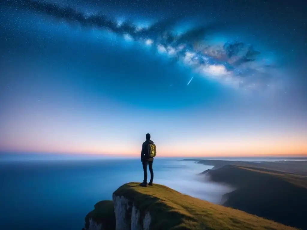 La imagen muestra el poder transformador de la poesía: una figura solitaria contemplando el vasto océano bajo un cielo estrellado