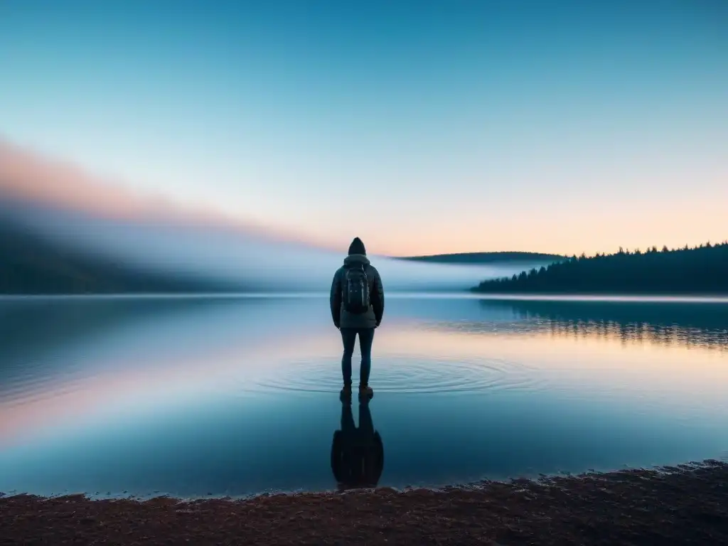 Reflexión en el lago estrellado: figura solitaria bajo un cielo estrellado Una imagen poética de una figura solitaria en el borde de un lago, bajo un cielo estrellado