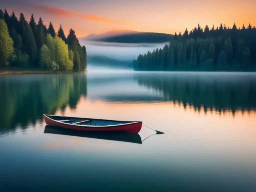 Una imagen poética inspiradora de vacaciones en un lago tranquilo al atardecer, con un bote solitario en el agua