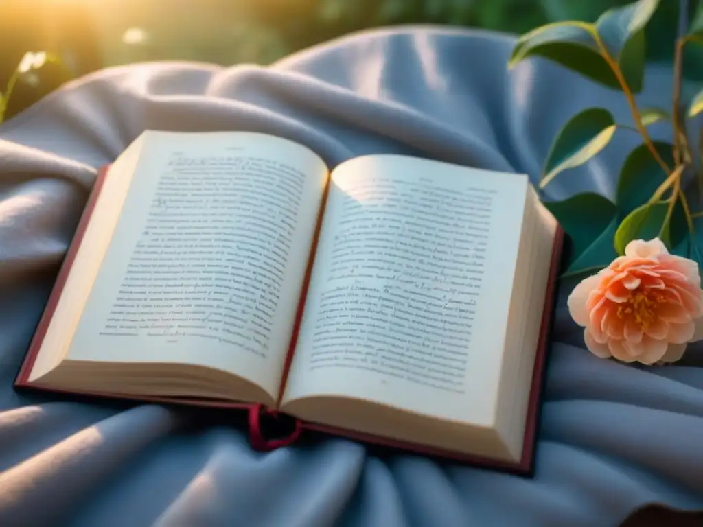 Una imagen serena de un libro abierto con poesía escrita a mano en caligrafía, en un jardín tranquilo con flores