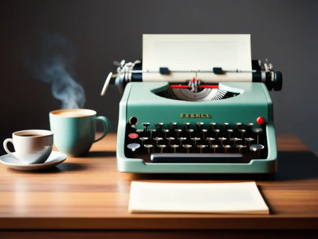 Una imagen serena y minimalista de una máquina de escribir en un escritorio de madera bañado en luz natural, con páginas en blanco y una taza de café