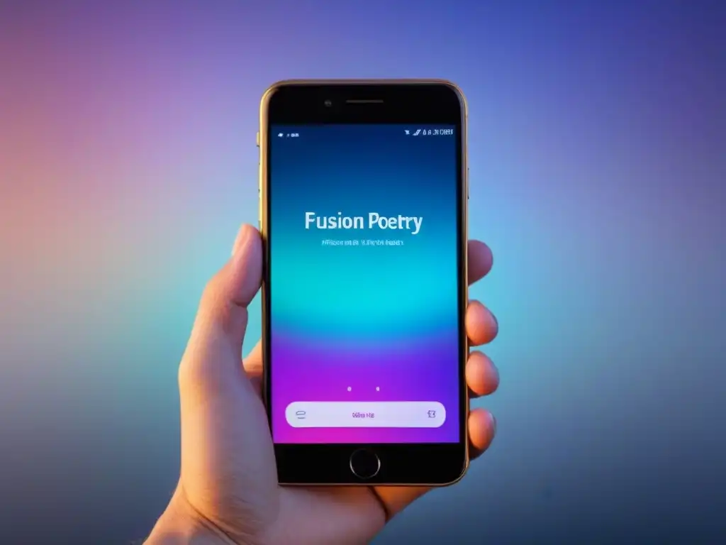 Imagen de un teléfono moderno mostrando una poesía digital vibrante y dinámica, fusionando la poesía tradicional con la era digital