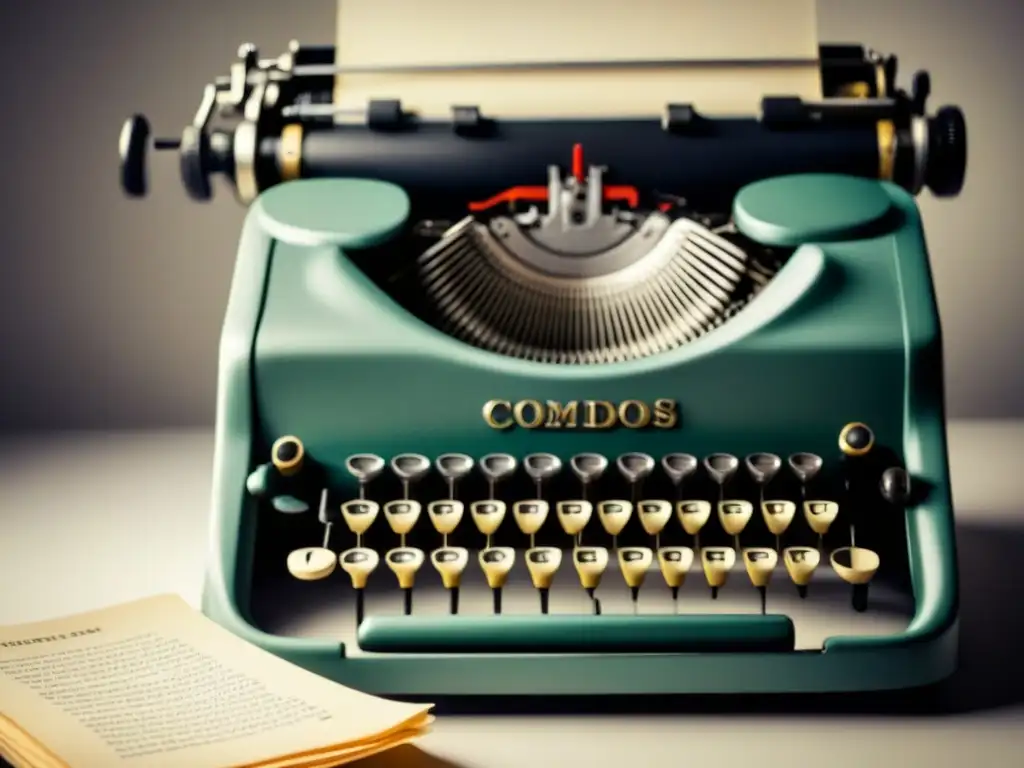 Detalles vintage de una máquina de escribir en blanco y negro Una imagen en tonos grises de una antigua máquina de escribir con una hoja arrugada sobresaliendo, mostrando detalles intrincados, en fondo blanco