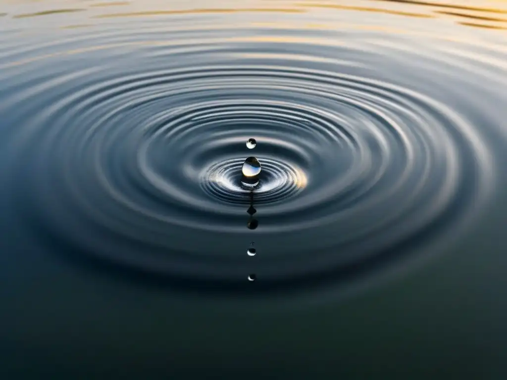 Impactante gota de agua creando ondas simétricas en un lago tranquilo