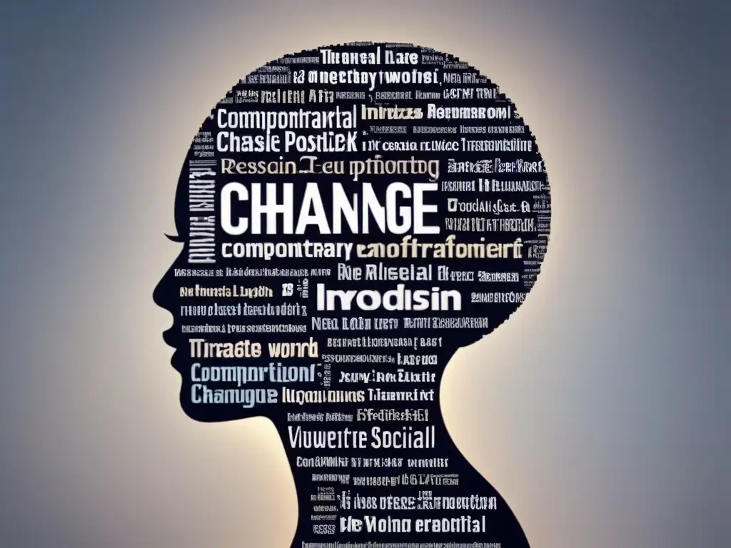 Silueta poética: transformación social a través de las palabras Una impactante silueta humana formada por palabras en distintos idiomas, simbolizando la transformación social a través de la poesía