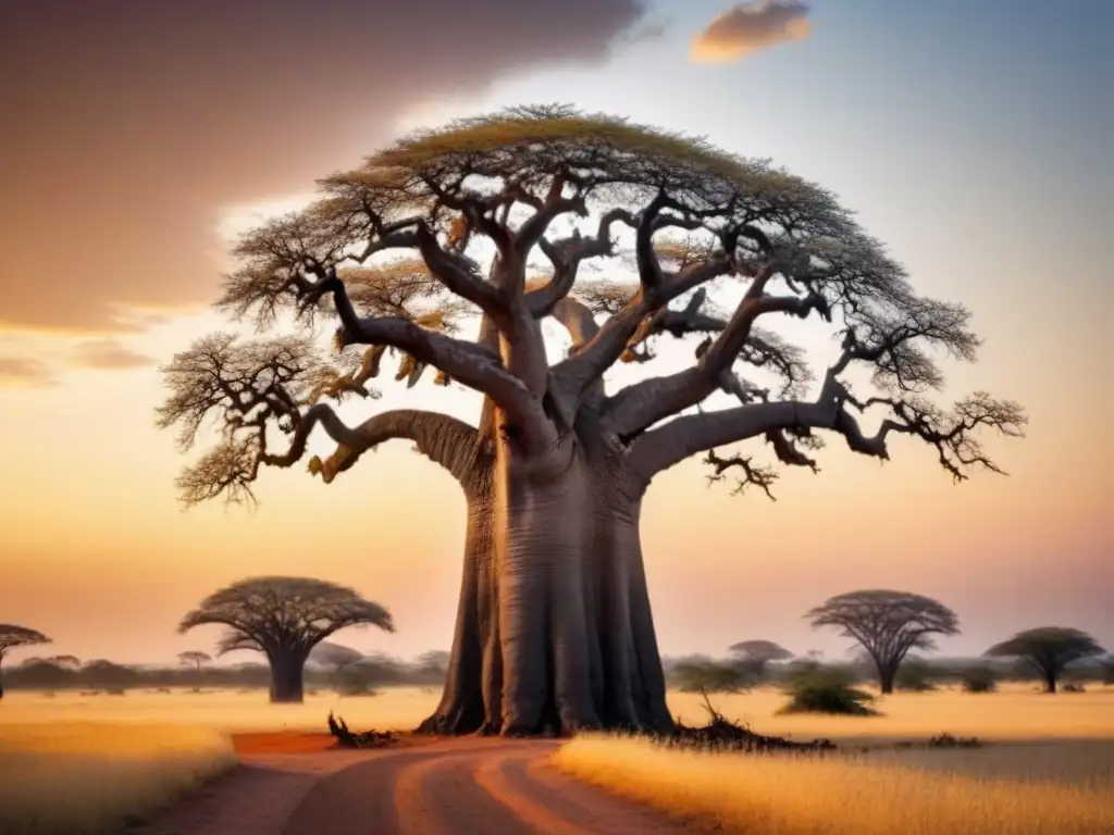 Imponente baobab africano en atardecer vibrante, simbolizando impacto poesía en identidades juveniles