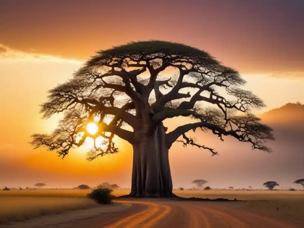 Imponente baobab solitario en la sabana africana al atardecer, evocando poesía africana actual espiritualidad religión