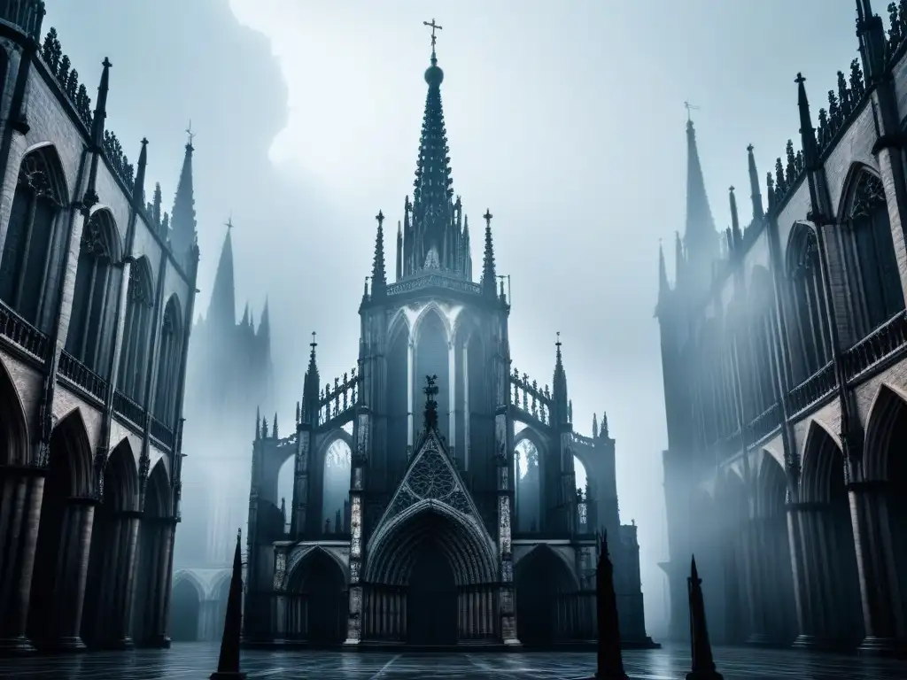 Imponente catedral gótica solitaria envuelta en niebla, evocando la antología poesía gótica oscuridad