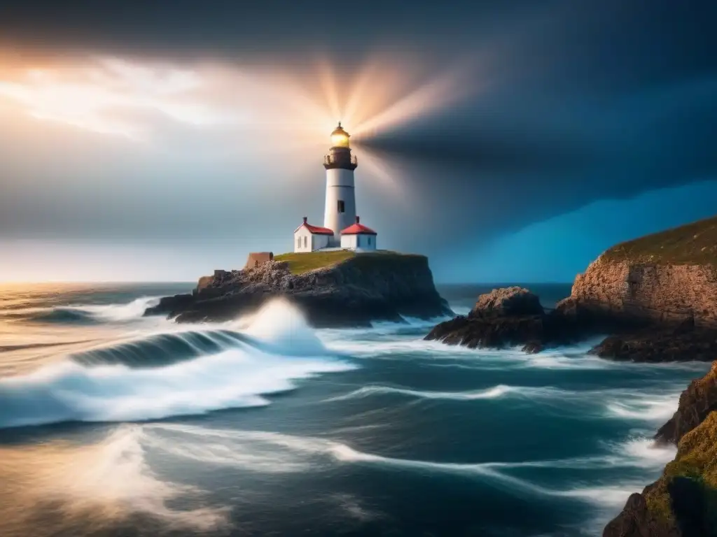 Imponente faro iluminando el mar turbulento en la noche, símbolo de esperanza en la poesía ecocrítica en tiempos oscuros