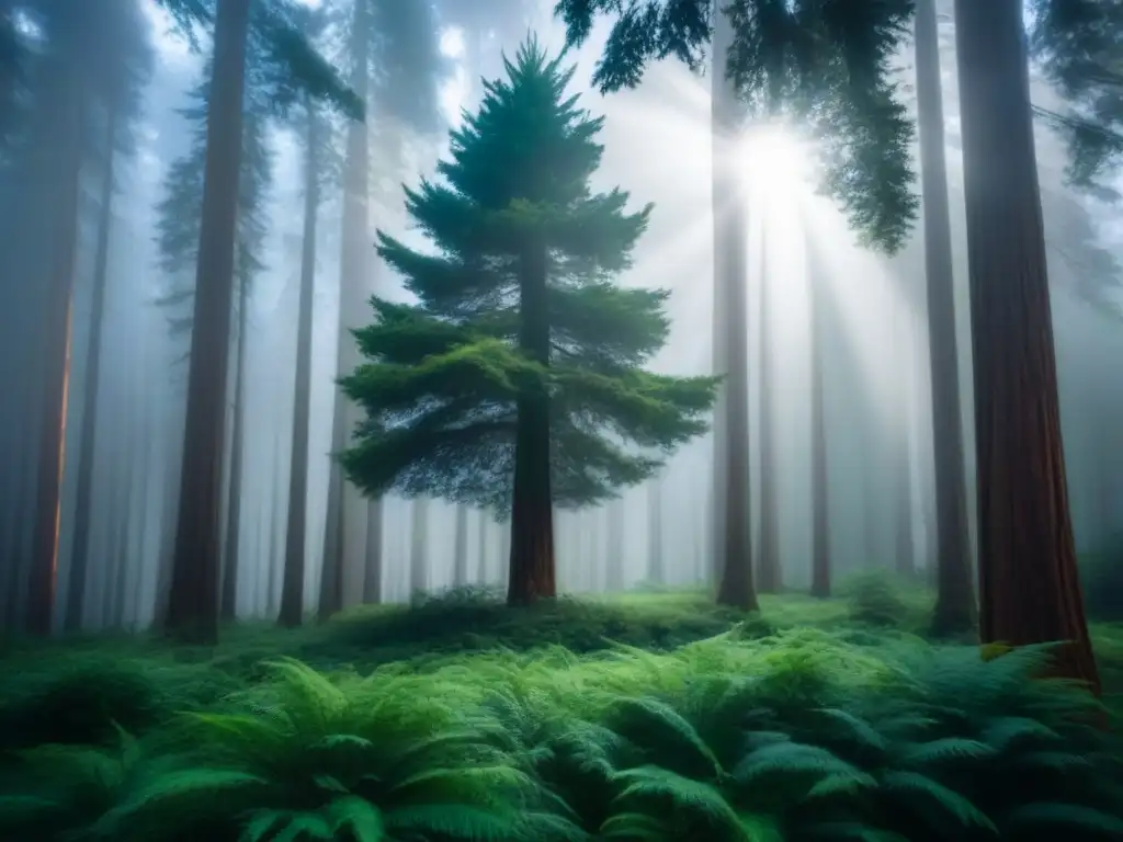 Imponente redwood solitario en un bosque verde, con luz filtrándose entre el dosel, evocando la poesía de Michael McClure en la naturaleza