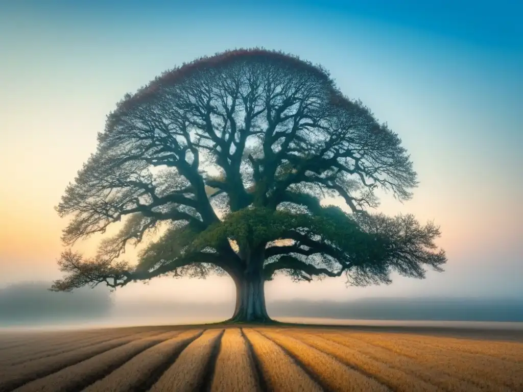 Imponente roble solitario en un campo vasto bajo cielo azul