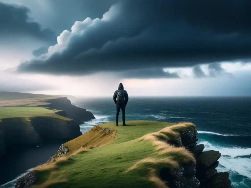 En la imponente soledad del acantilado, una figura en silueta enfrenta el mar tempestuoso bajo nubes tormentosas