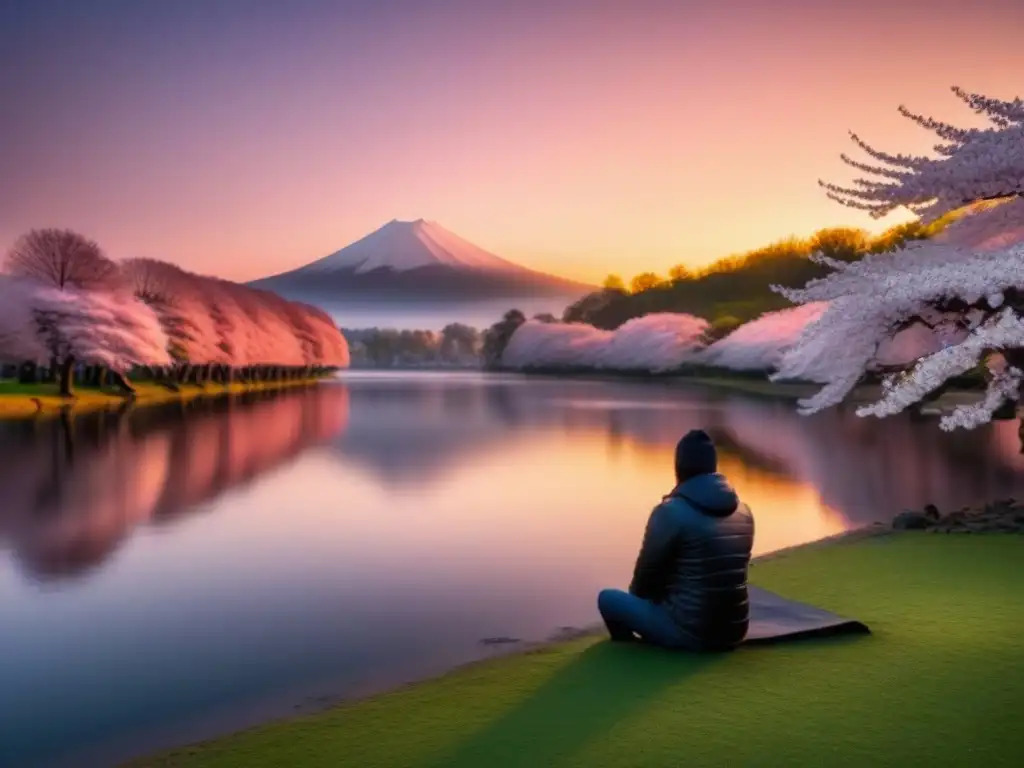 La importancia de la poesía transformadora: un lago sereno refleja un vibrante atardecer, con una figura solitaria entre cerezos en flor