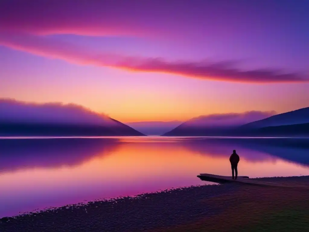 La importancia de la poesía transformadora: Figura solitaria ante un atardecer vibrante en el borde de un lago sereno